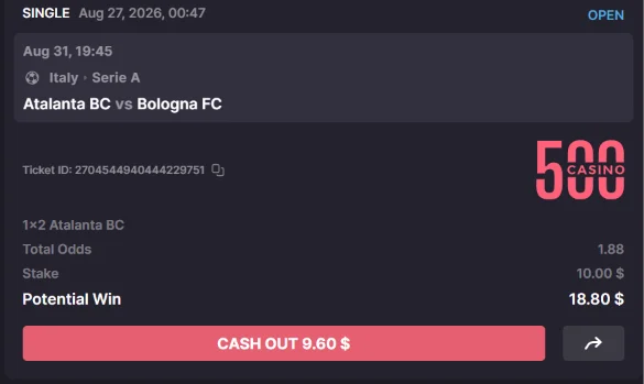 500 Casino bet slip for Atalanta vs Bologna