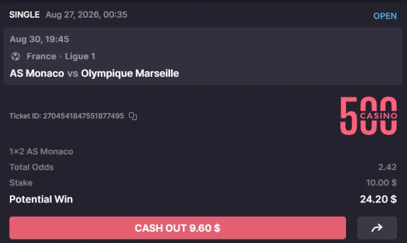 500 Casino bet slip for AS Monaco vs Marseille