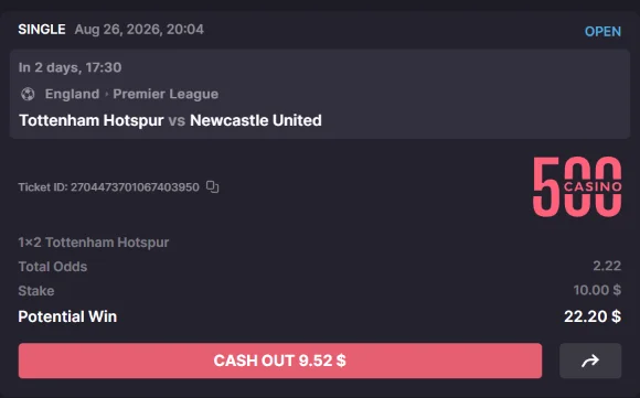 500 Casino bet slip for Tottenham Hotspur vs Newcastle United