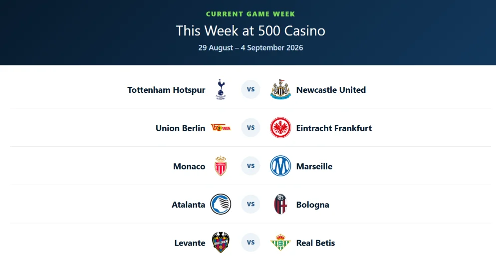 500 Casino Top 5 Football Leagues Promotion Week 1 featured fixtures