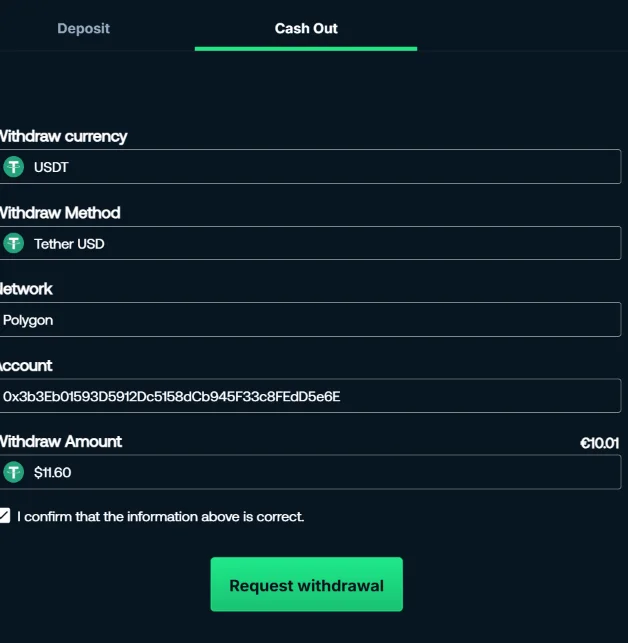 $10 withdrawal at Betpanda