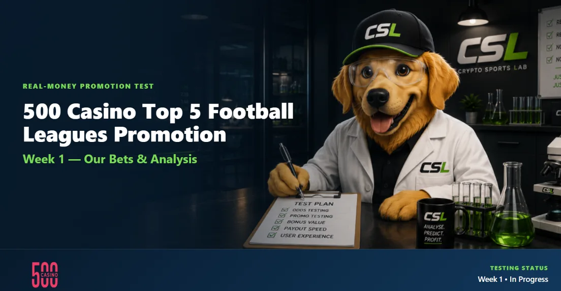 500 Casino lab test 1 top 5. feature image inclugind labby the mascot, + title and key info