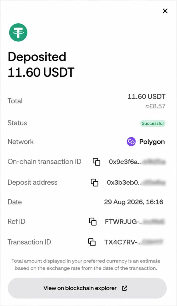 We tested Betpanda’s minimum withdrawal by withdrawing 11.60 USDT over Polygon. The full 11.60 USDT arrived in our wallet, confirming the withdrawal was successful with no fee deducted by Betpanda.