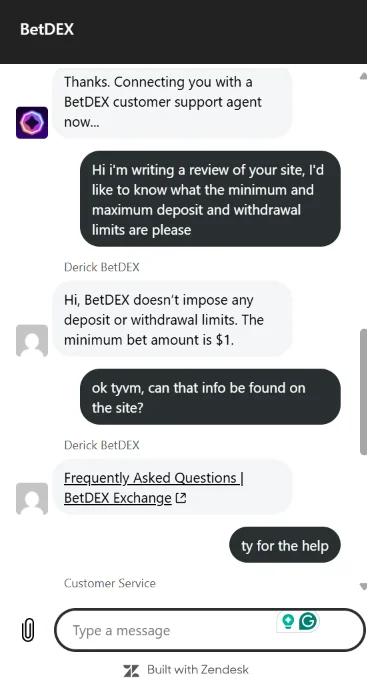 Customer support chat with betdex