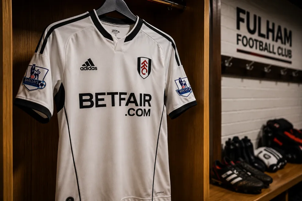 Fulham football shirt featuring a betting sponsor in a football dressing room.