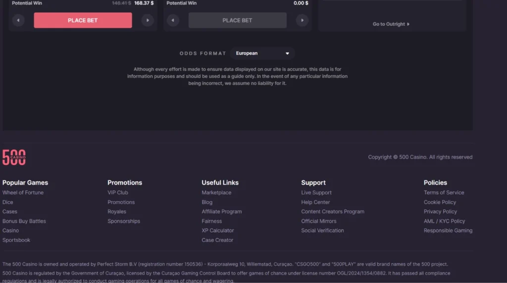 500 sportsbook odds & footer options