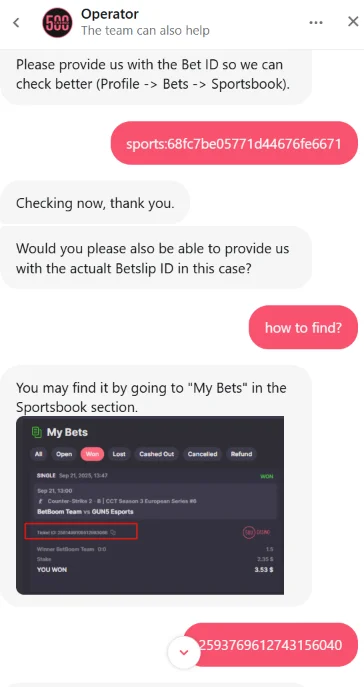 Conversation with 500 casino support