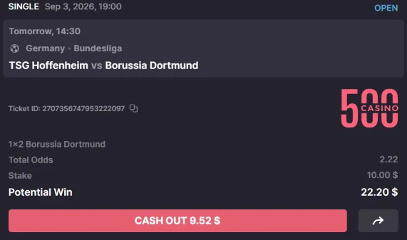 500 Casino bet slip for Hoffenheim vs Borussia Dortmund