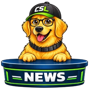 Labby wearing glasses sitting at a newsdesk