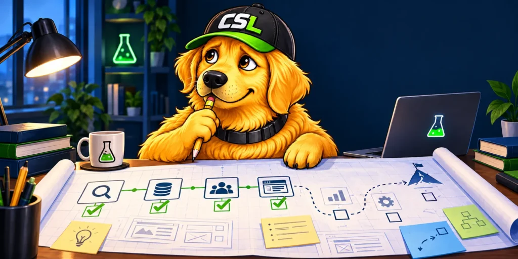 Labby studies a Crypto Sports Lab roadmap showing completed milestones and unfinished tasks.