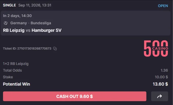 500 Casino bet slip backing RB Leipzig against Hamburger SV at odds of 1.36