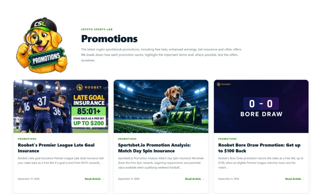 Crypto Sports Lab Promotions page featuring Labby and cards for Roobet, Sportsbet.io and 500 Casino offers