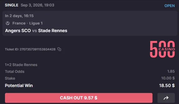 500 Casino bet slip for Angers vs Rennes