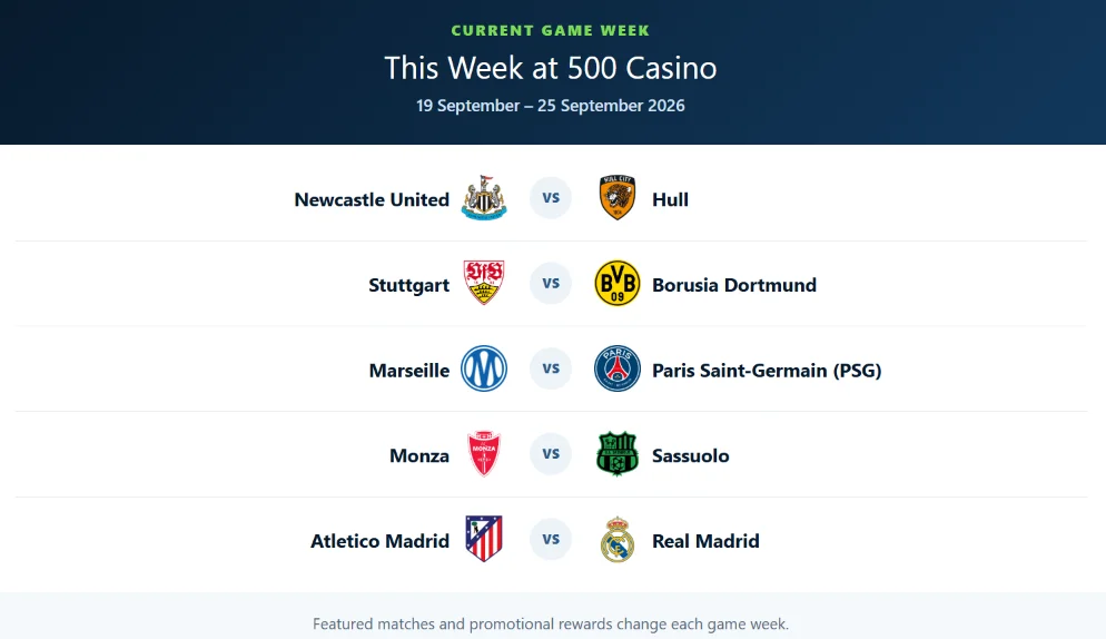 500 Casino Top 5 Football Leagues Promotion Week 4 featured fixtures